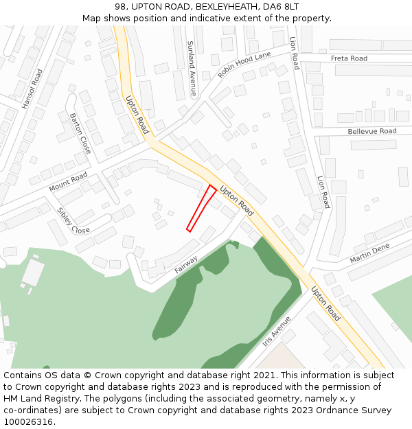 98, UPTON ROAD, BEXLEYHEATH, DA6 8LT: Location map and indicative extent of plot
