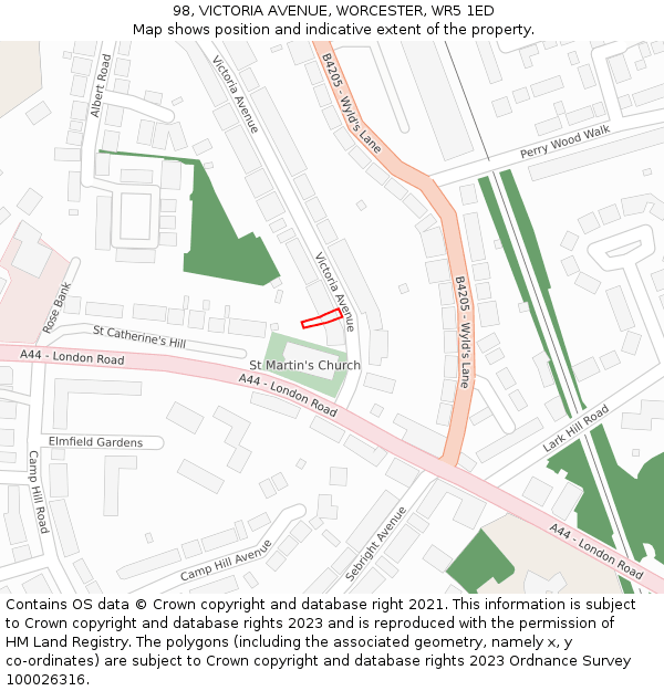 98, VICTORIA AVENUE, WORCESTER, WR5 1ED: Location map and indicative extent of plot