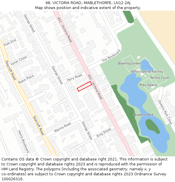 98, VICTORIA ROAD, MABLETHORPE, LN12 2AJ: Location map and indicative extent of plot