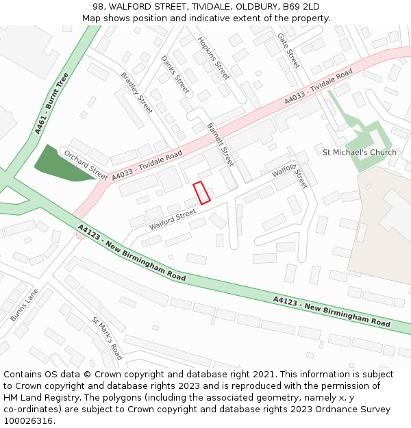98, WALFORD STREET, TIVIDALE, OLDBURY, B69 2LD: Location map and indicative extent of plot
