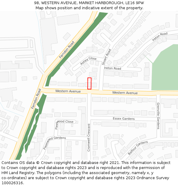 98, WESTERN AVENUE, MARKET HARBOROUGH, LE16 9PW: Location map and indicative extent of plot
