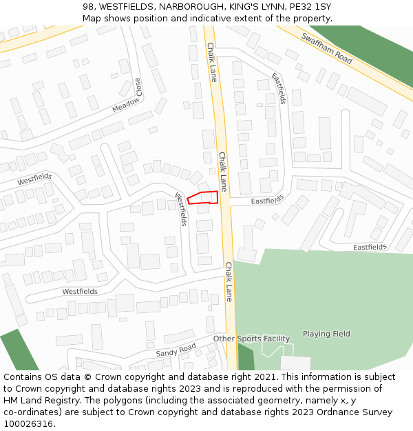 98, WESTFIELDS, NARBOROUGH, KING'S LYNN, PE32 1SY: Location map and indicative extent of plot