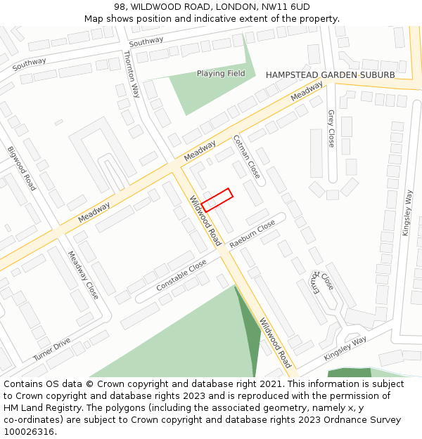 98, WILDWOOD ROAD, LONDON, NW11 6UD: Location map and indicative extent of plot