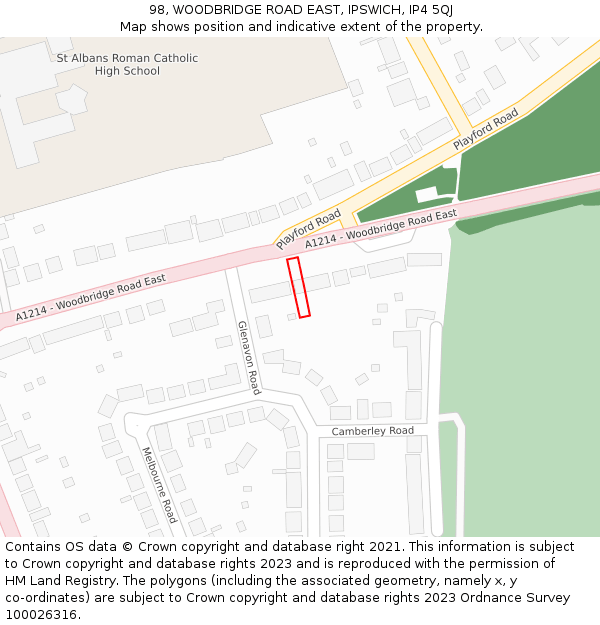 98, WOODBRIDGE ROAD EAST, IPSWICH, IP4 5QJ: Location map and indicative extent of plot