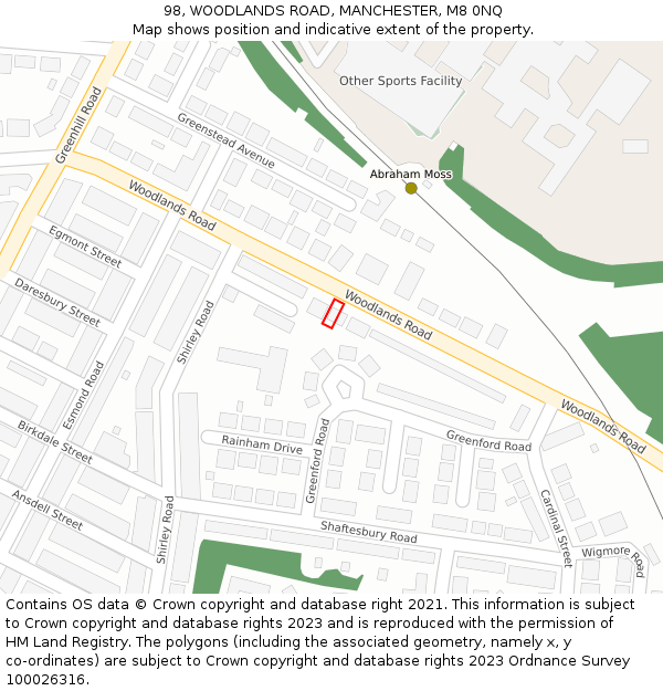 98, WOODLANDS ROAD, MANCHESTER, M8 0NQ: Location map and indicative extent of plot