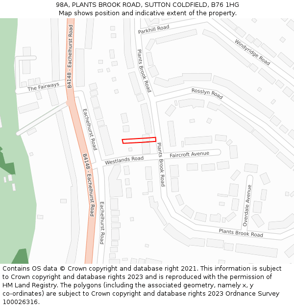 98A, PLANTS BROOK ROAD, SUTTON COLDFIELD, B76 1HG: Location map and indicative extent of plot