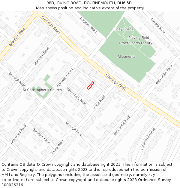 98B, IRVING ROAD, BOURNEMOUTH, BH6 5BL: Location map and indicative extent of plot