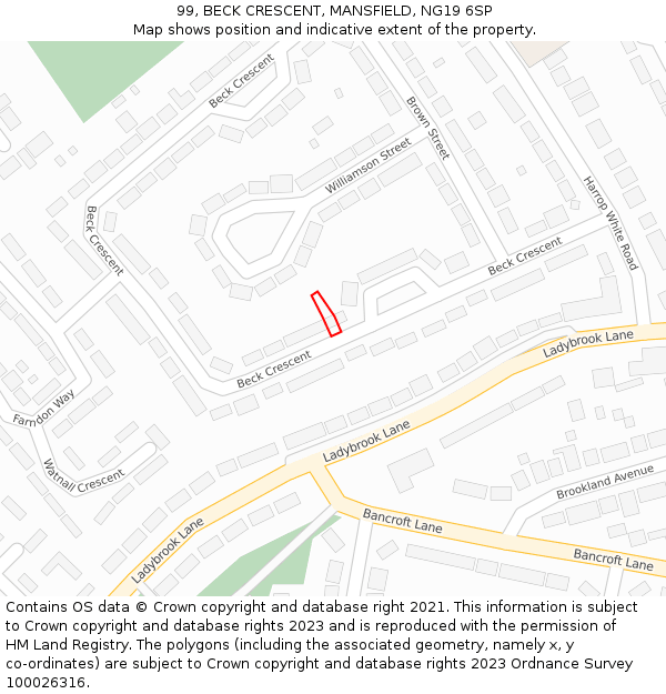 99, BECK CRESCENT, MANSFIELD, NG19 6SP: Location map and indicative extent of plot