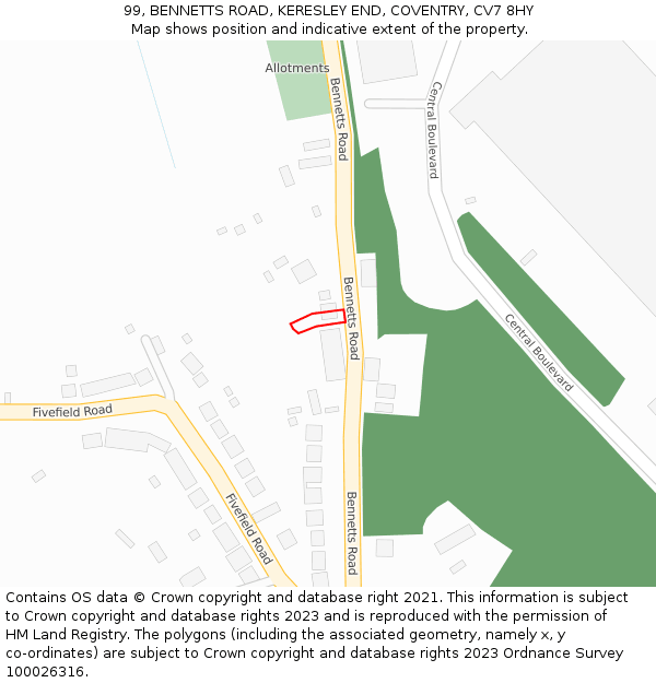 99, BENNETTS ROAD, KERESLEY END, COVENTRY, CV7 8HY: Location map and indicative extent of plot