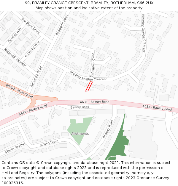 99, BRAMLEY GRANGE CRESCENT, BRAMLEY, ROTHERHAM, S66 2UX: Location map and indicative extent of plot