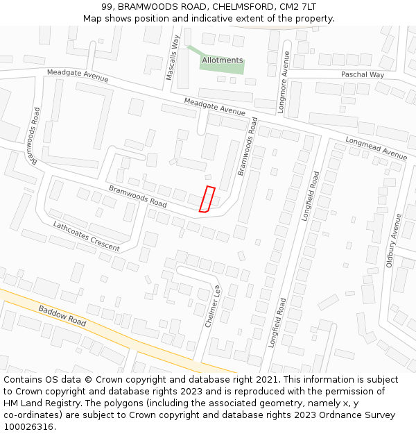 99, BRAMWOODS ROAD, CHELMSFORD, CM2 7LT: Location map and indicative extent of plot