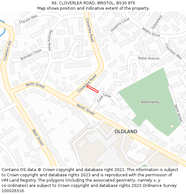 99, CLOVERLEA ROAD, BRISTOL, BS30 8TX: Location map and indicative extent of plot