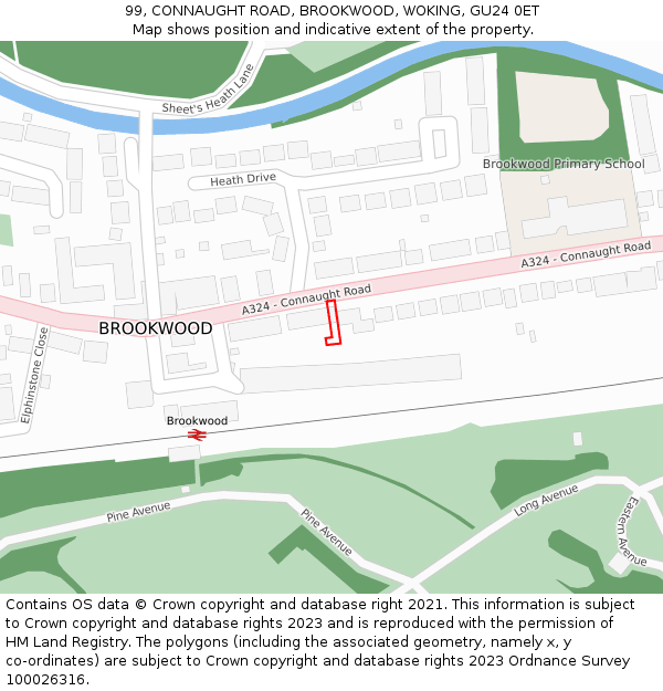 99, CONNAUGHT ROAD, BROOKWOOD, WOKING, GU24 0ET: Location map and indicative extent of plot