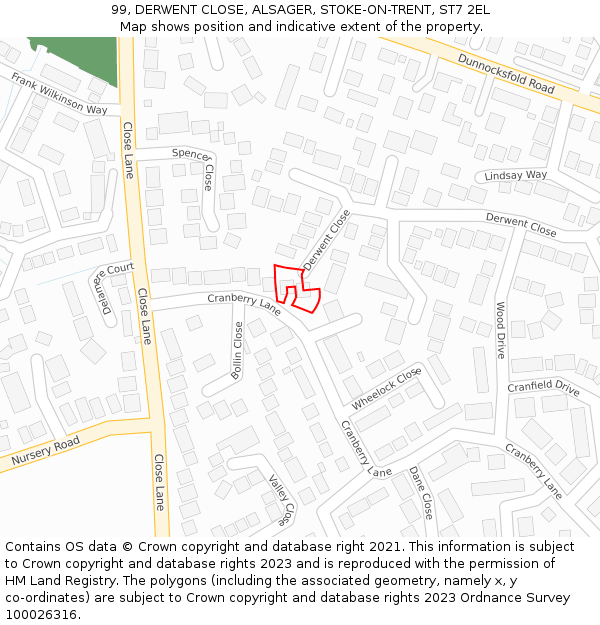 99, DERWENT CLOSE, ALSAGER, STOKE-ON-TRENT, ST7 2EL: Location map and indicative extent of plot