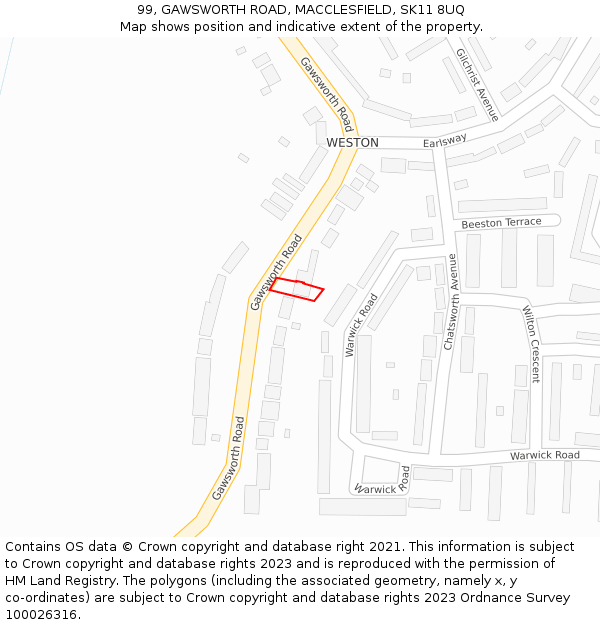 99, GAWSWORTH ROAD, MACCLESFIELD, SK11 8UQ: Location map and indicative extent of plot