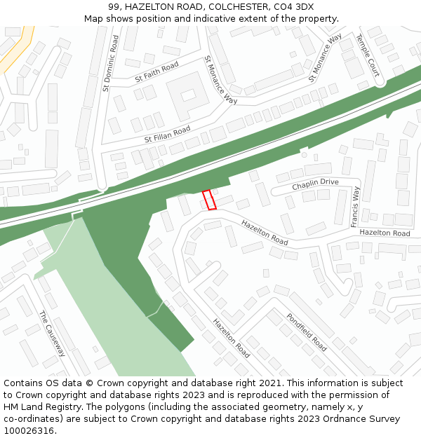 99, HAZELTON ROAD, COLCHESTER, CO4 3DX: Location map and indicative extent of plot