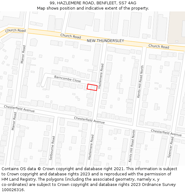 99, HAZLEMERE ROAD, BENFLEET, SS7 4AG: Location map and indicative extent of plot