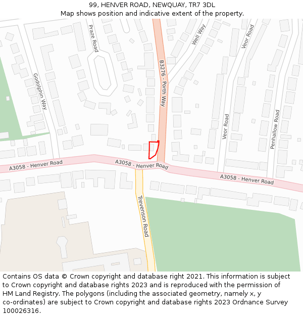 99, HENVER ROAD, NEWQUAY, TR7 3DL: Location map and indicative extent of plot