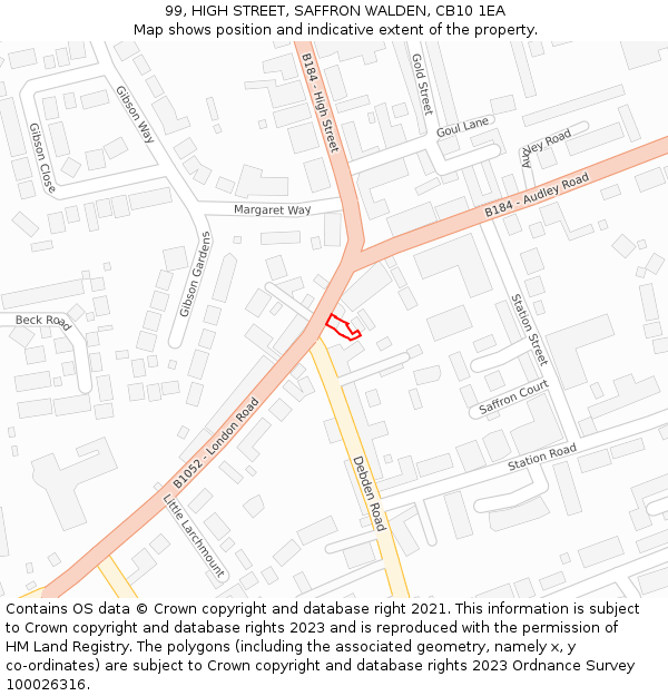 99, HIGH STREET, SAFFRON WALDEN, CB10 1EA: Location map and indicative extent of plot
