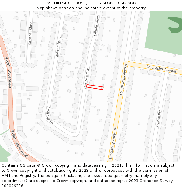 99, HILLSIDE GROVE, CHELMSFORD, CM2 9DD: Location map and indicative extent of plot