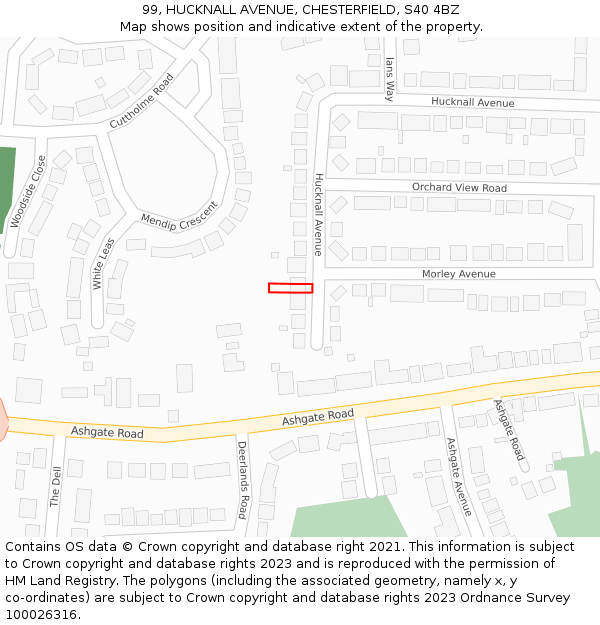 99, HUCKNALL AVENUE, CHESTERFIELD, S40 4BZ: Location map and indicative extent of plot