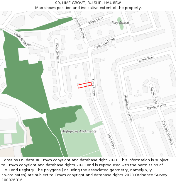 99, LIME GROVE, RUISLIP, HA4 8RW: Location map and indicative extent of plot
