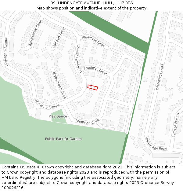 99, LINDENGATE AVENUE, HULL, HU7 0EA: Location map and indicative extent of plot