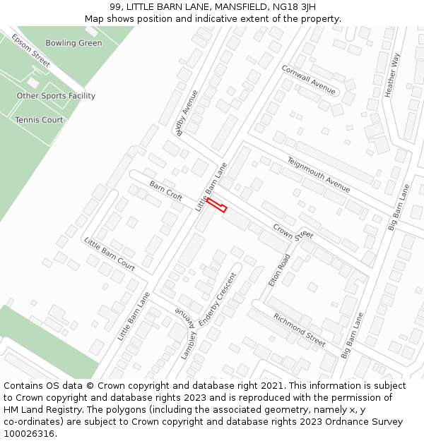 99, LITTLE BARN LANE, MANSFIELD, NG18 3JH: Location map and indicative extent of plot