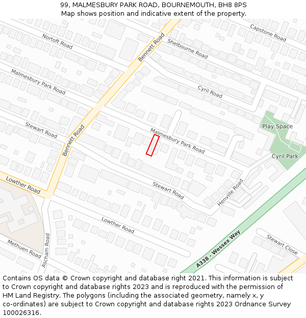 99, MALMESBURY PARK ROAD, BOURNEMOUTH, BH8 8PS: Location map and indicative extent of plot