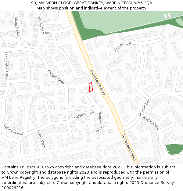 99, MALVERN CLOSE, GREAT SANKEY, WARRINGTON, WA5 3QA: Location map and indicative extent of plot