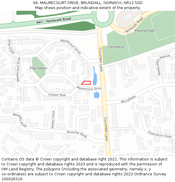 99, MAURECOURT DRIVE, BRUNDALL, NORWICH, NR13 5SD: Location map and indicative extent of plot