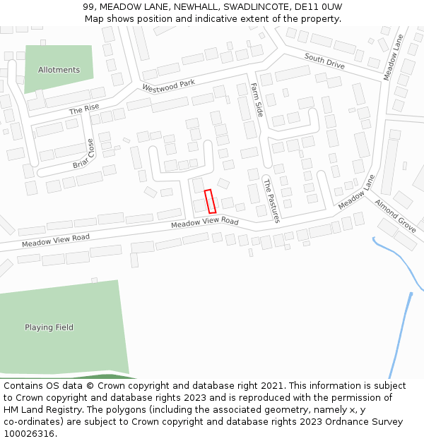 99, MEADOW LANE, NEWHALL, SWADLINCOTE, DE11 0UW: Location map and indicative extent of plot