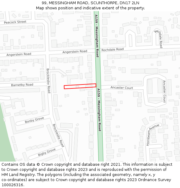 99, MESSINGHAM ROAD, SCUNTHORPE, DN17 2LN: Location map and indicative extent of plot