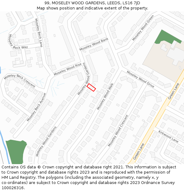 99, MOSELEY WOOD GARDENS, LEEDS, LS16 7JD: Location map and indicative extent of plot