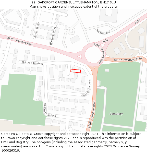 99, OAKCROFT GARDENS, LITTLEHAMPTON, BN17 6LU: Location map and indicative extent of plot