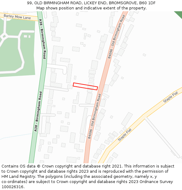 99, OLD BIRMINGHAM ROAD, LICKEY END, BROMSGROVE, B60 1DF: Location map and indicative extent of plot