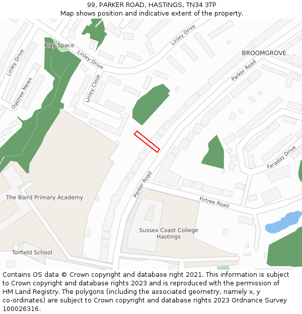 99, PARKER ROAD, HASTINGS, TN34 3TP: Location map and indicative extent of plot
