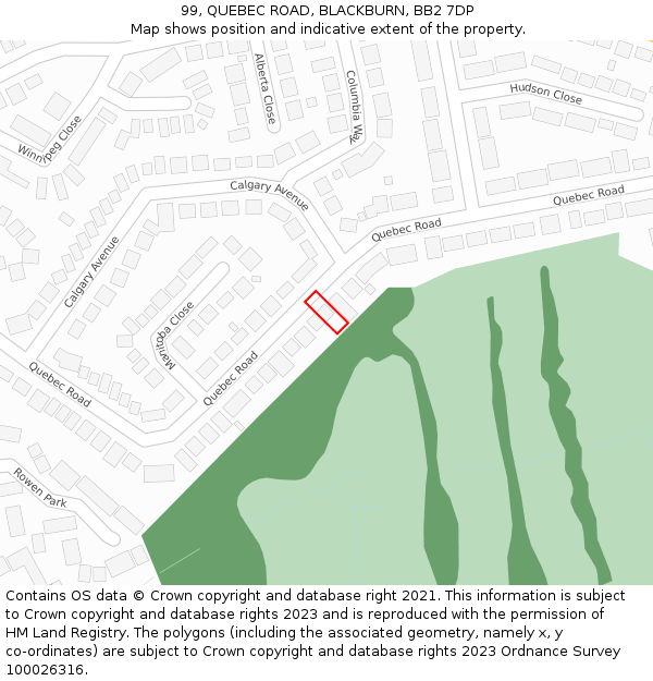 99, QUEBEC ROAD, BLACKBURN, BB2 7DP: Location map and indicative extent of plot