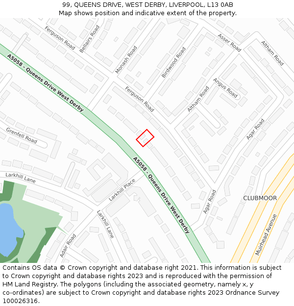99, QUEENS DRIVE, WEST DERBY, LIVERPOOL, L13 0AB: Location map and indicative extent of plot