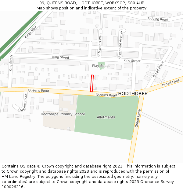 99, QUEENS ROAD, HODTHORPE, WORKSOP, S80 4UP: Location map and indicative extent of plot