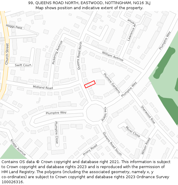 99, QUEENS ROAD NORTH, EASTWOOD, NOTTINGHAM, NG16 3LJ: Location map and indicative extent of plot