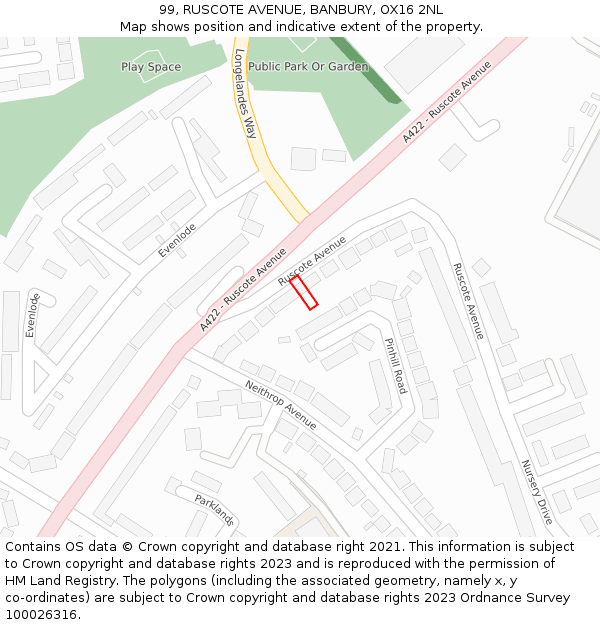 99, RUSCOTE AVENUE, BANBURY, OX16 2NL: Location map and indicative extent of plot