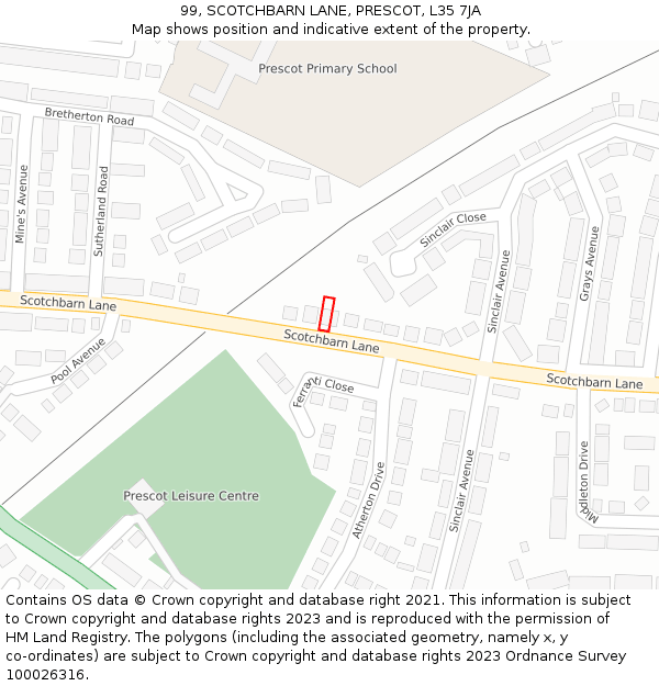 99, SCOTCHBARN LANE, PRESCOT, L35 7JA: Location map and indicative extent of plot