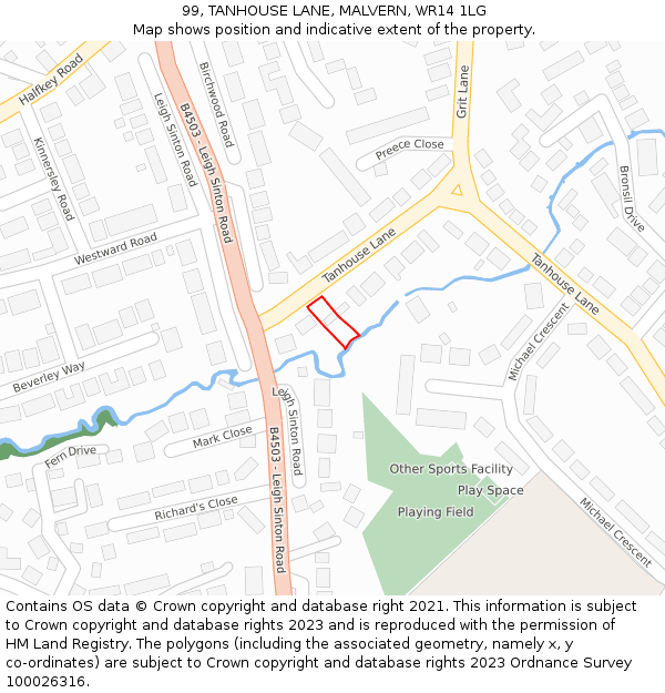 99, TANHOUSE LANE, MALVERN, WR14 1LG: Location map and indicative extent of plot