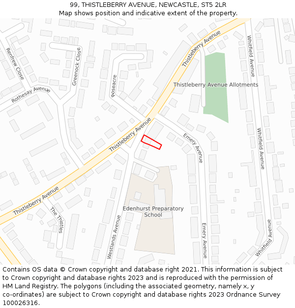 99, THISTLEBERRY AVENUE, NEWCASTLE, ST5 2LR: Location map and indicative extent of plot