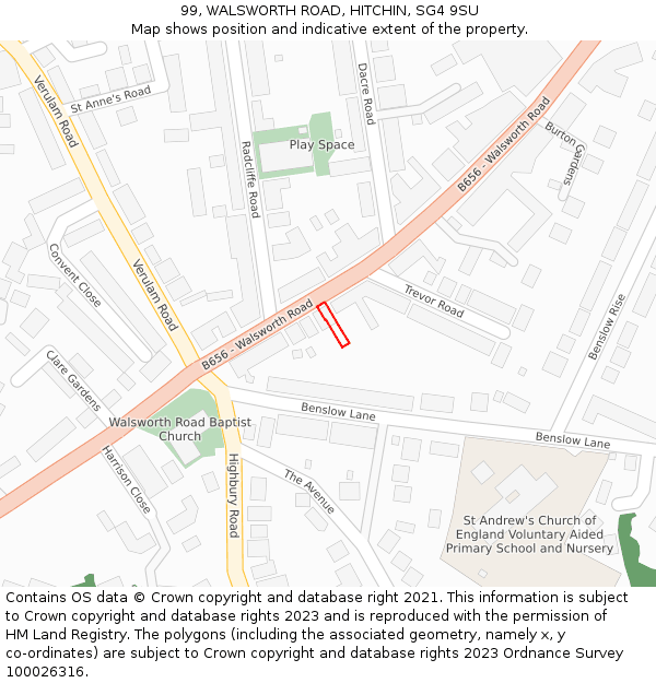 99, WALSWORTH ROAD, HITCHIN, SG4 9SU: Location map and indicative extent of plot