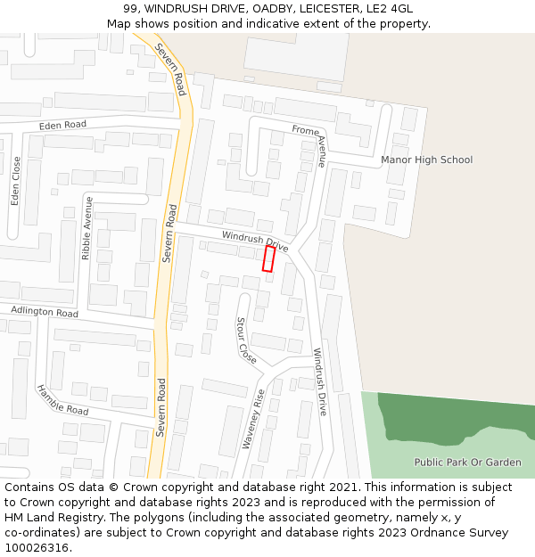 99, WINDRUSH DRIVE, OADBY, LEICESTER, LE2 4GL: Location map and indicative extent of plot