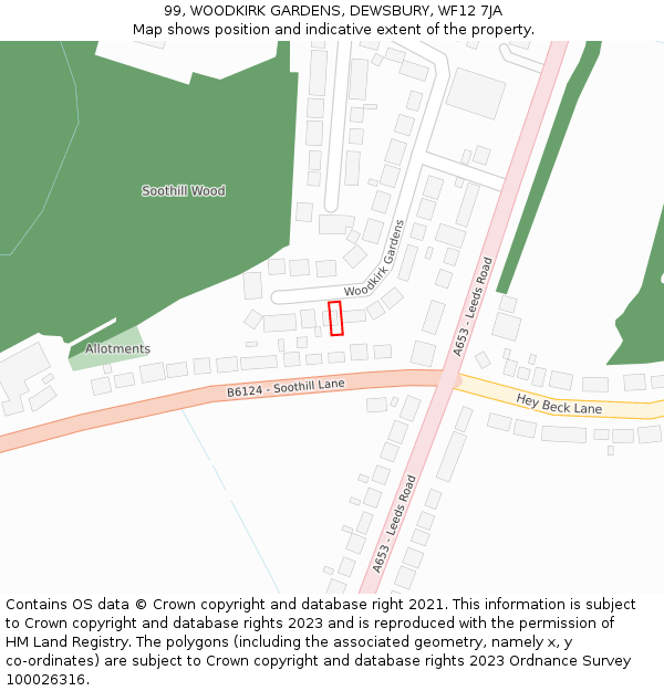 99, WOODKIRK GARDENS, DEWSBURY, WF12 7JA: Location map and indicative extent of plot