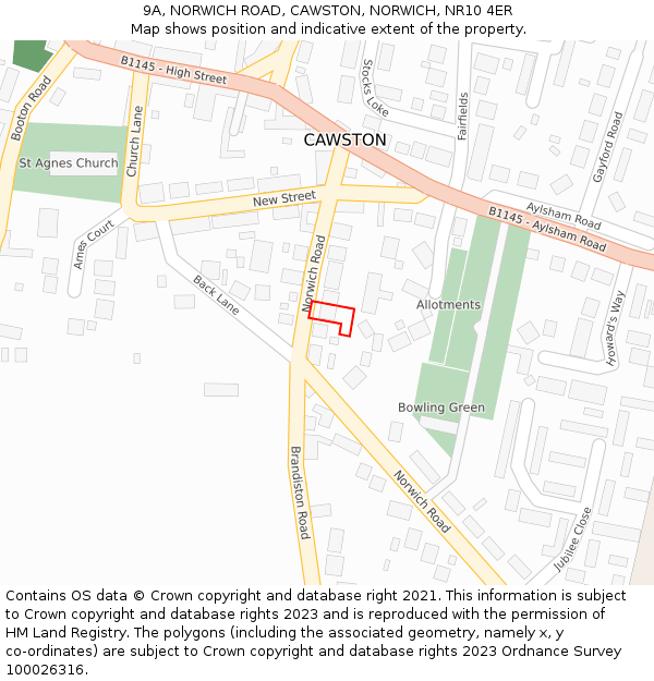 9A, NORWICH ROAD, CAWSTON, NORWICH, NR10 4ER: Location map and indicative extent of plot