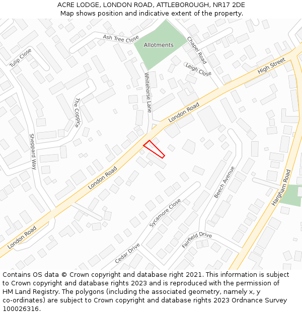 ACRE LODGE, LONDON ROAD, ATTLEBOROUGH, NR17 2DE: Location map and indicative extent of plot